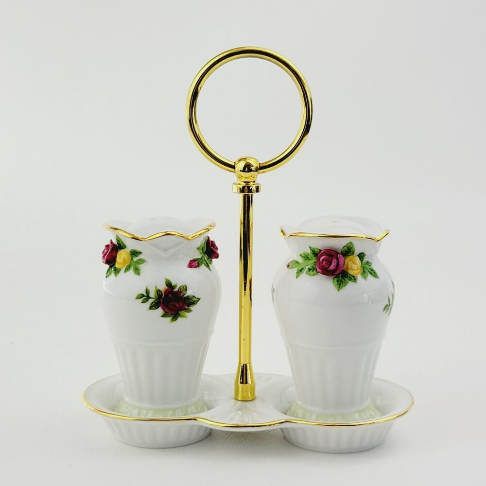 Royal Albert 3 Piece Salt, Pepper & Tray Set, Old County Roses, Hard to Find - Picture 2 of 12